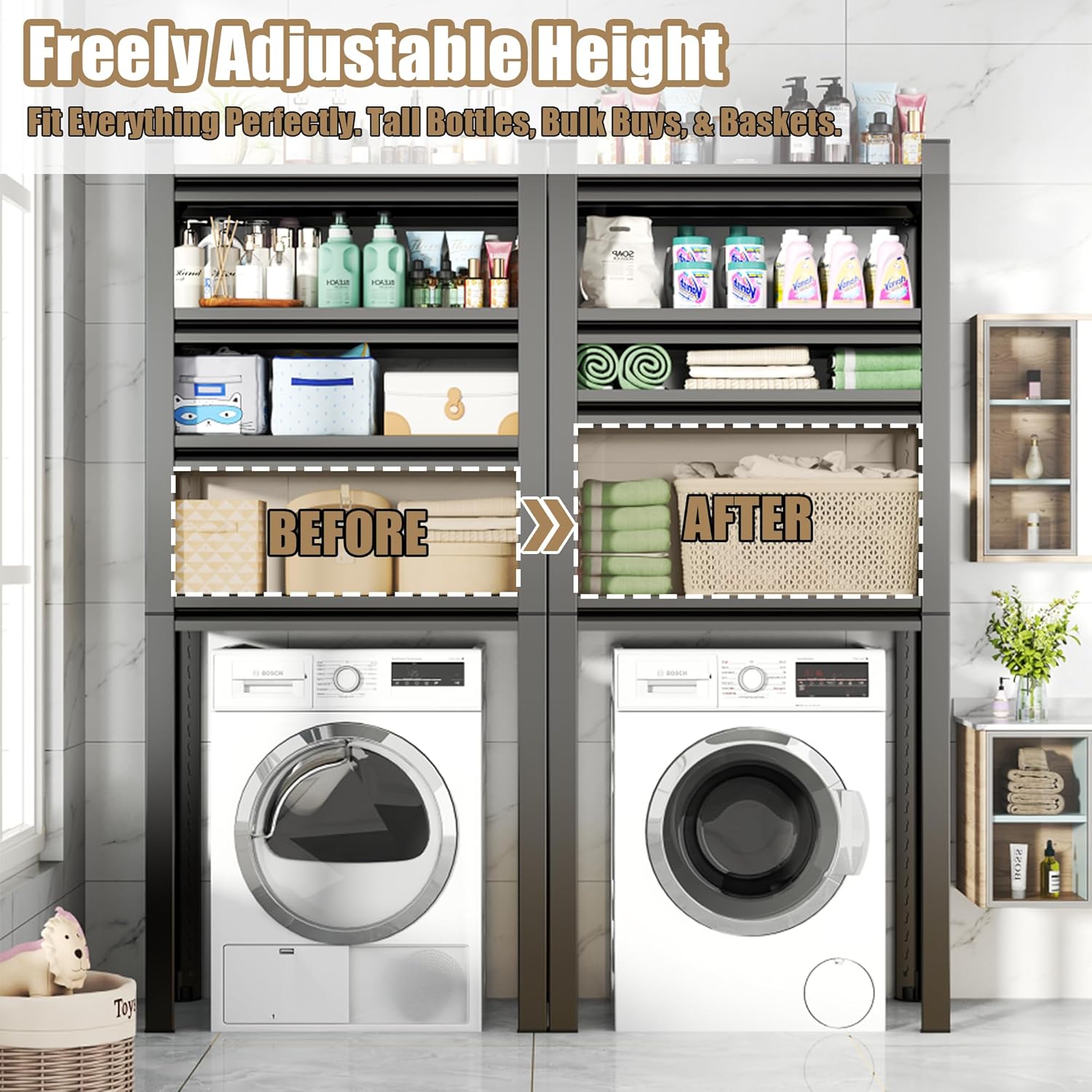 Upgraded Over The Toilet and Washer Storage Shelf,4 Tiers Laundry Room Standing Shelf,Bathroom Storage and Organizer Rack,Laundry Room Space Saver with Adjustable Shelves,39" W x 14" D x 63" H, Black - NestledHome