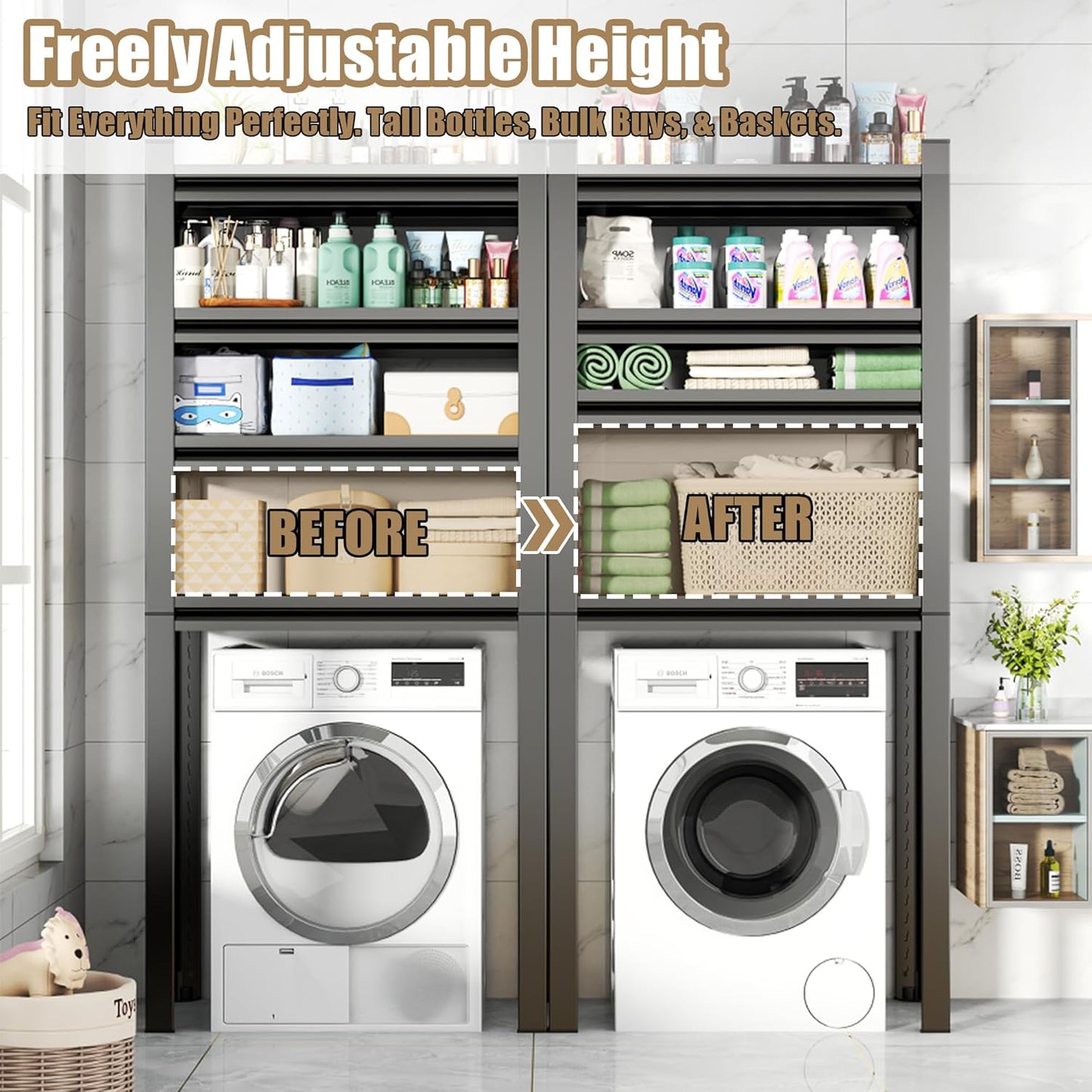 Over Washer Storage,5Tier Expandable Washer and Dryer Rack, Laundry Room Storage Over Toilet Washing Machine and Dryer Storage Rack Bathroom Organization, Hold 500 lb, Black - NestledHome