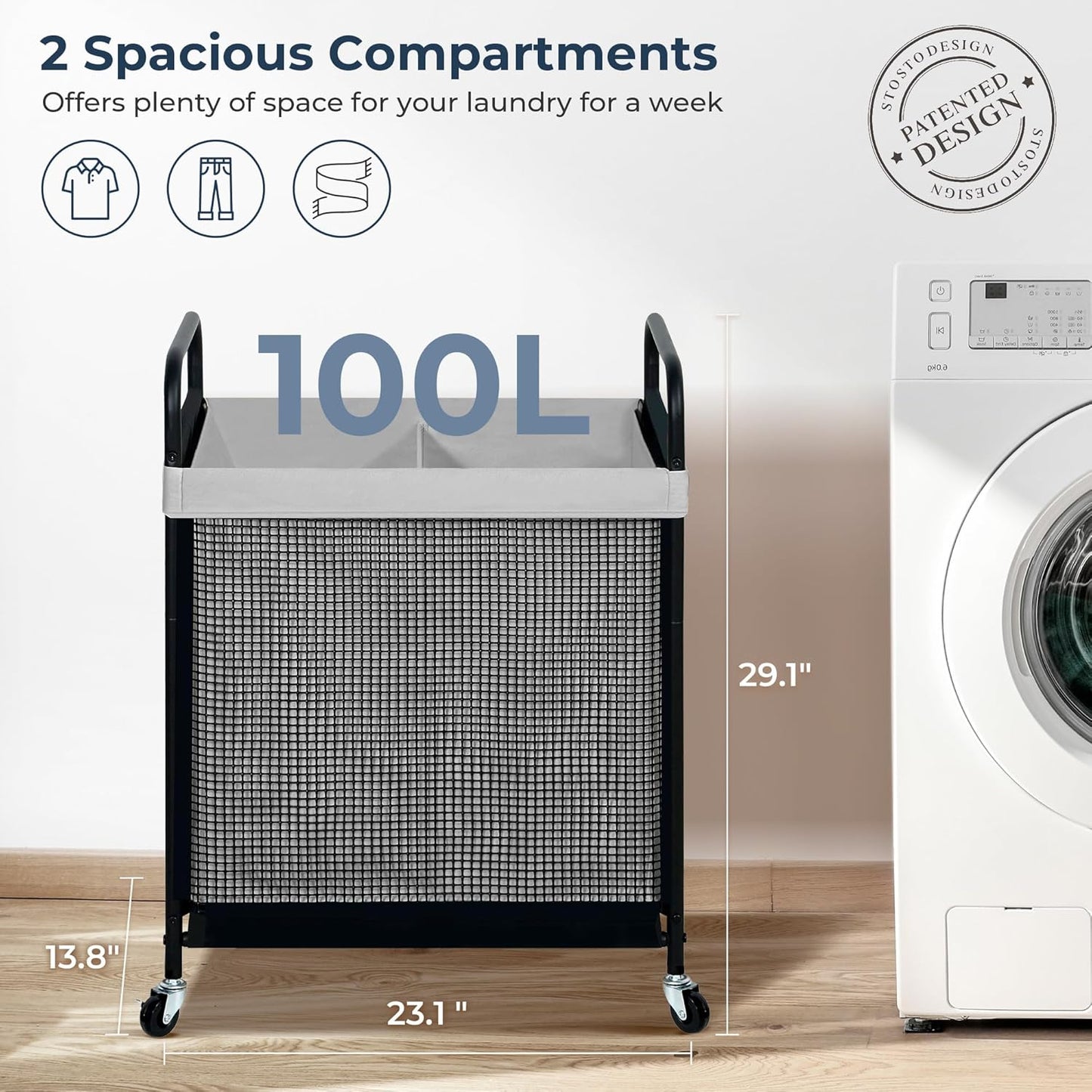 STO STO Laundry Hamper 2 Section, 100L Rolling Laundry Sorter Cart with Removable and Washable Liner Bag, Rolling Clothes Hamper with Metal Handle for Laundry Room and Bedroom, Gray - NestledHome