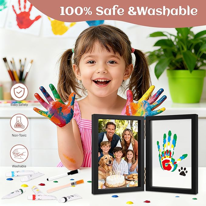 Family Handprint Kit, DIY Baby Hand and Footprint Handmade Keepsake Wooden Frame, Family Gifts with 6 Non-Toxic Baby-Safe Paint, Ideas Gift for New Parents, Grandparents, Father's Day, Mother's Day