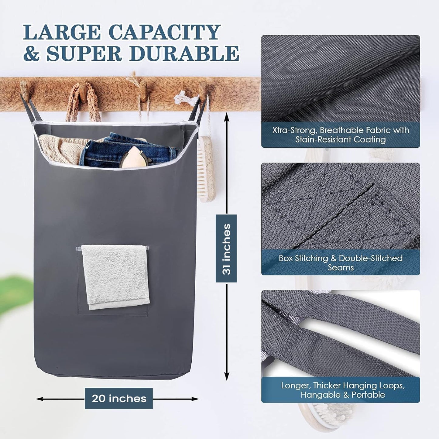 The Fine Living Co. X-Large Hanging Laundry Hamper with Over Door Hooks & Adhesive, Durable Space Saving Laundry Bag with Zipper and Wide Open Top,Hanging Dorm Laundry Hamper 20"x3.75"x31" (Gray-XL) - NestledHome