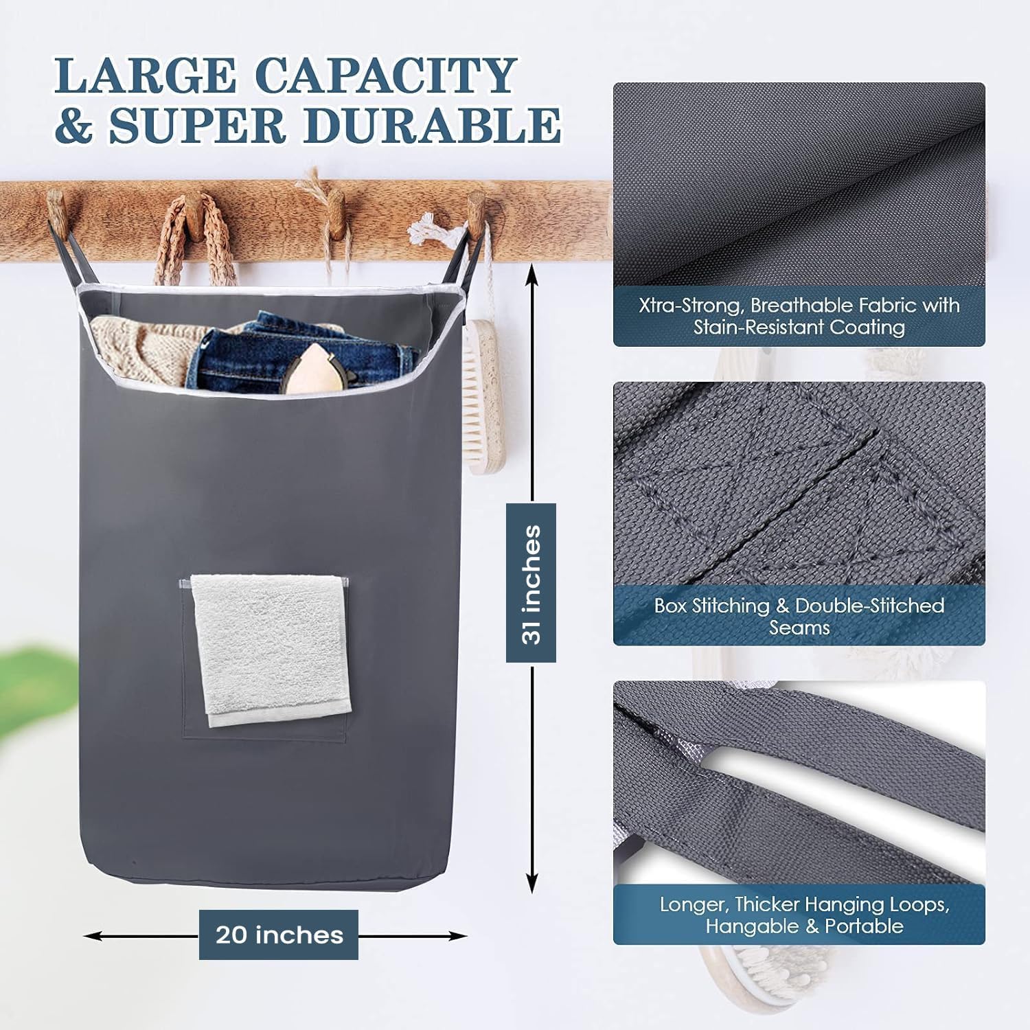 The Fine Living Co. X-Large Hanging Laundry Hamper with Over Door Hooks & Adhesive, Durable Space Saving Laundry Bag with Zipper and Wide Open Top,Hanging Dorm Laundry Hamper 20"x3.75"x31" (Gray-XL) - NestledHome