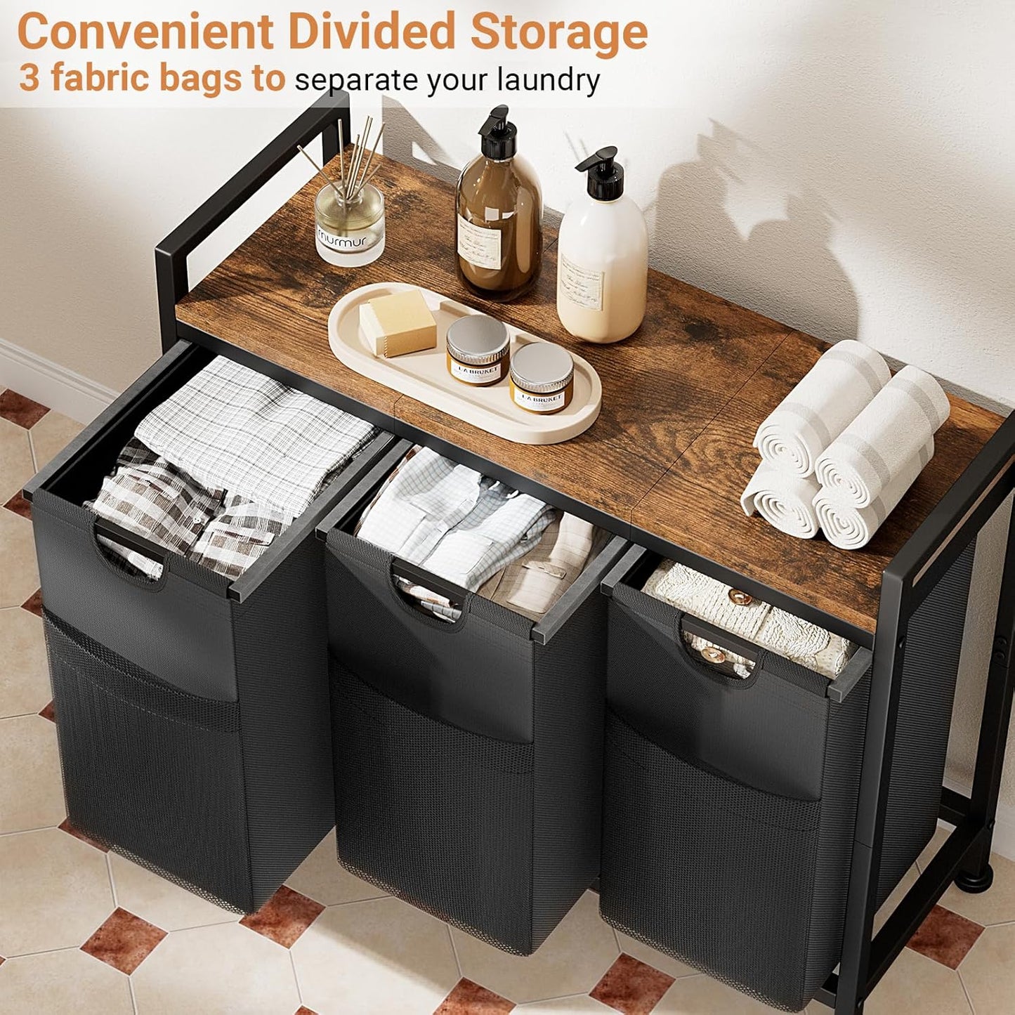 Lulive Laundry Hamper, Laundry Basket Organizer with 3 Pull-Out Removable Bags & Large Top Shelf, 3 × 12.5 Gal (142L) Freestanding Laundry Sorter 3 Sections for Laundry Room, Bathroom and Dorm - NestledHome