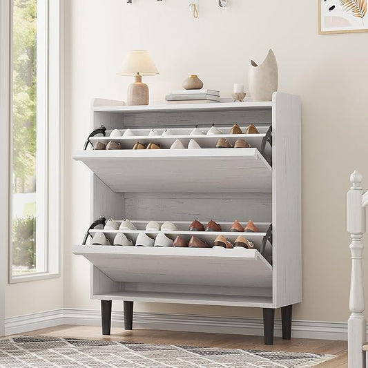 GarveeHome Shoe Cabinet with 2 Flip Drawers, Wooden Shoe Organizer with Adjustable Shelf, Shoe Storage for Entryway, Hidden Shoe Cabinet for Hallway, Living Room, White