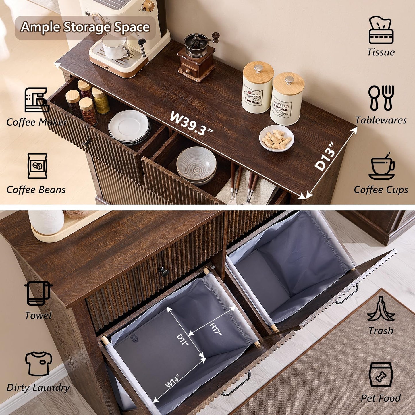 Modern Double Tilt-Out Trash Cabinet, 20 Gallon Fluted Laundry Hamper Cabinet with 2 Drawers, Wooden Hidden Garbage Can Cabinet w/Storage Basket,Free Standing for Kitchen & Living Room, Brown - NestledHome