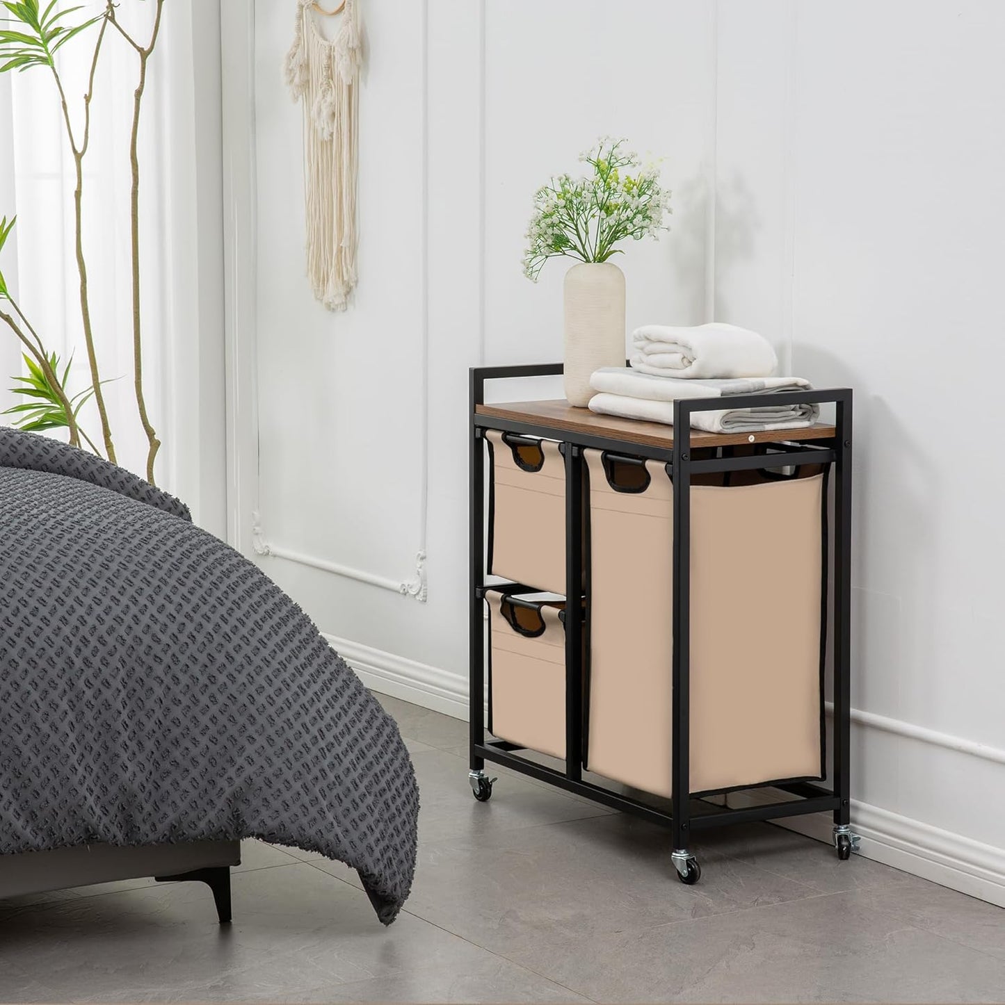 Laundry Basket Organizer - Hampers with 3 Compartments, Sliding Laundry Sorter Bags, Top Storage Shelf, Metal Frame - NestledHome