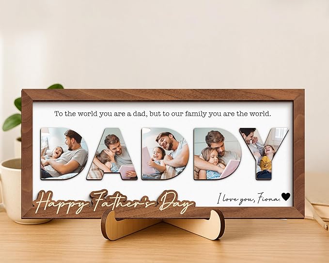 Photo Decorative Plaque Personalized Dad Gifts for Fathers Day from Daughter Son, Customized Wooden Picture Frame, Birthday Gifts for Daddy Grandma Papa, Family Memories Sign, Art Craft Home Decor