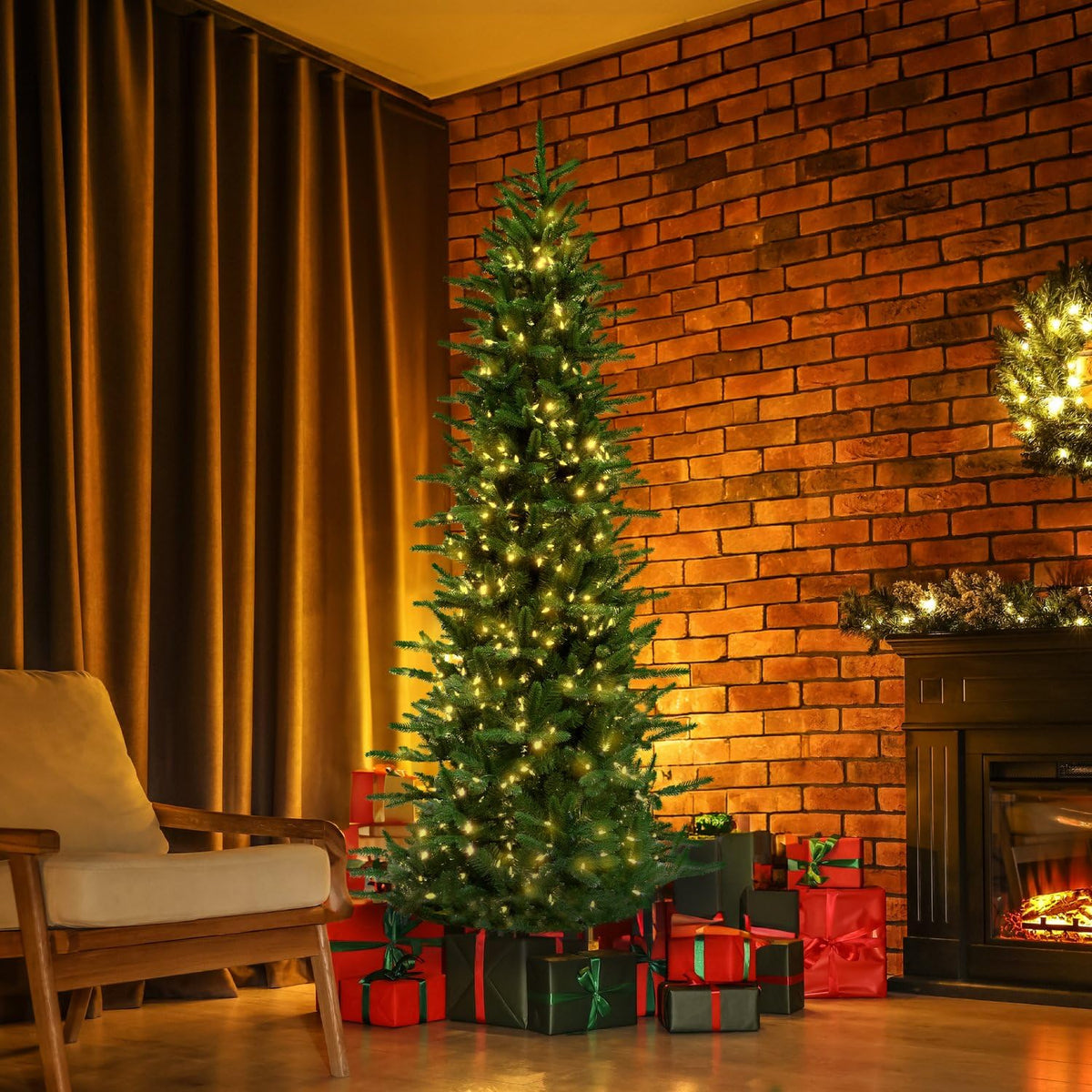 7.5 Ft. Carmel Pine Slim Artificial Christmas Tree with Warm White LED Lights and Stand