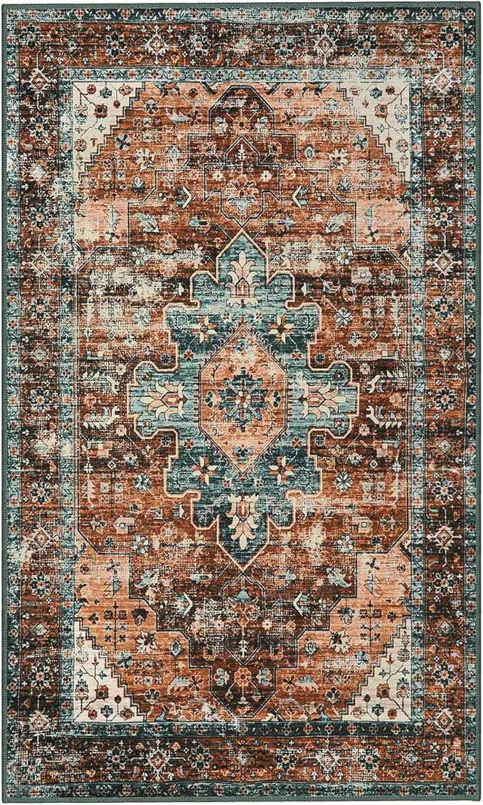Moynesa 8x10 Ultra-Thin Vintage Area Rug - Oriental Print for Bedroom, Living Room, Under Table, Office, Entryway - Brick Red/Dull Teal