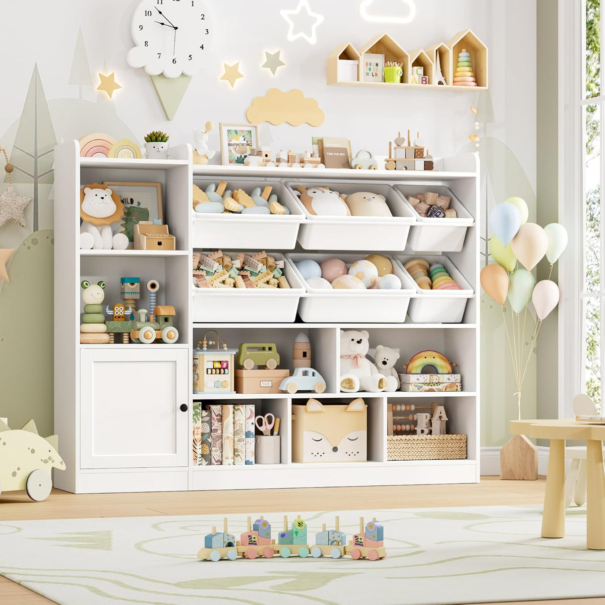 Toy Storage Organizer, 55” Wide Toy Organizers and Storage with 8 Storage Cubbies & 6 Toy Bins, Large Toy Box with Bookshelf, Playroom Storage for Playroom, White - NestledHome