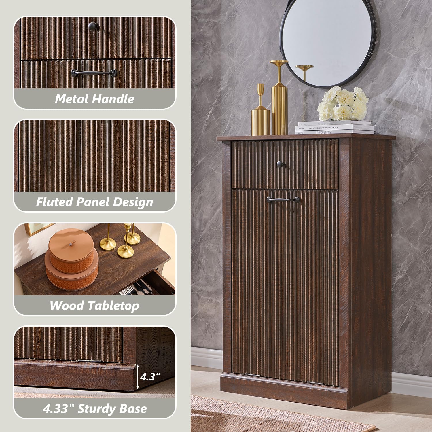 Modern Tilt-Out Trash Can Cabinet, 10 Gallon Fluted Laundry Hamper Cabinet with Drawers, Wooden Hidden Garbage Can Cabinets with Storage Basket, Free Standing for Kitchen and Living Room,Brown - NestledHome