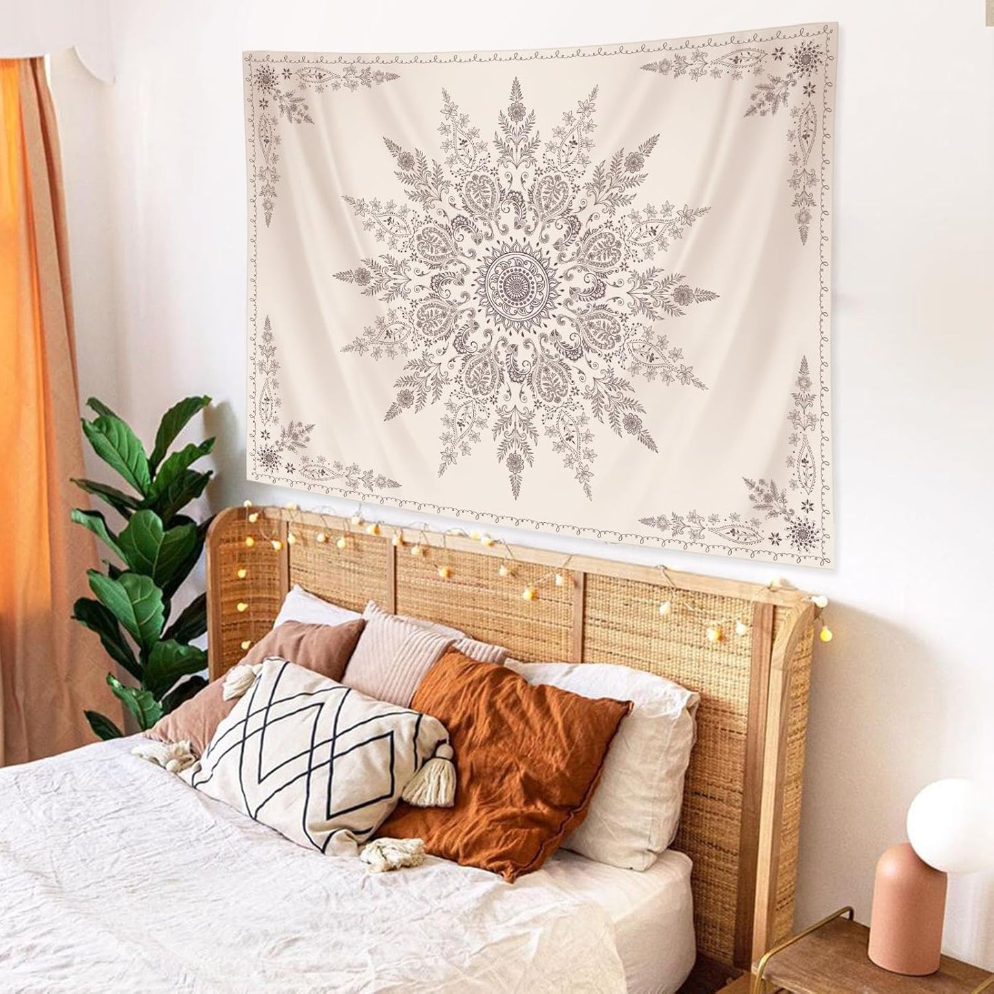 Lunerfex Boho Floral Tapestry Mandala Wall Tapestry, Cute Tapestries for Bedroom Beige Flower Tapestries Wall Hanging for Bedroom Living Room Decor Beige-2 44"x60"