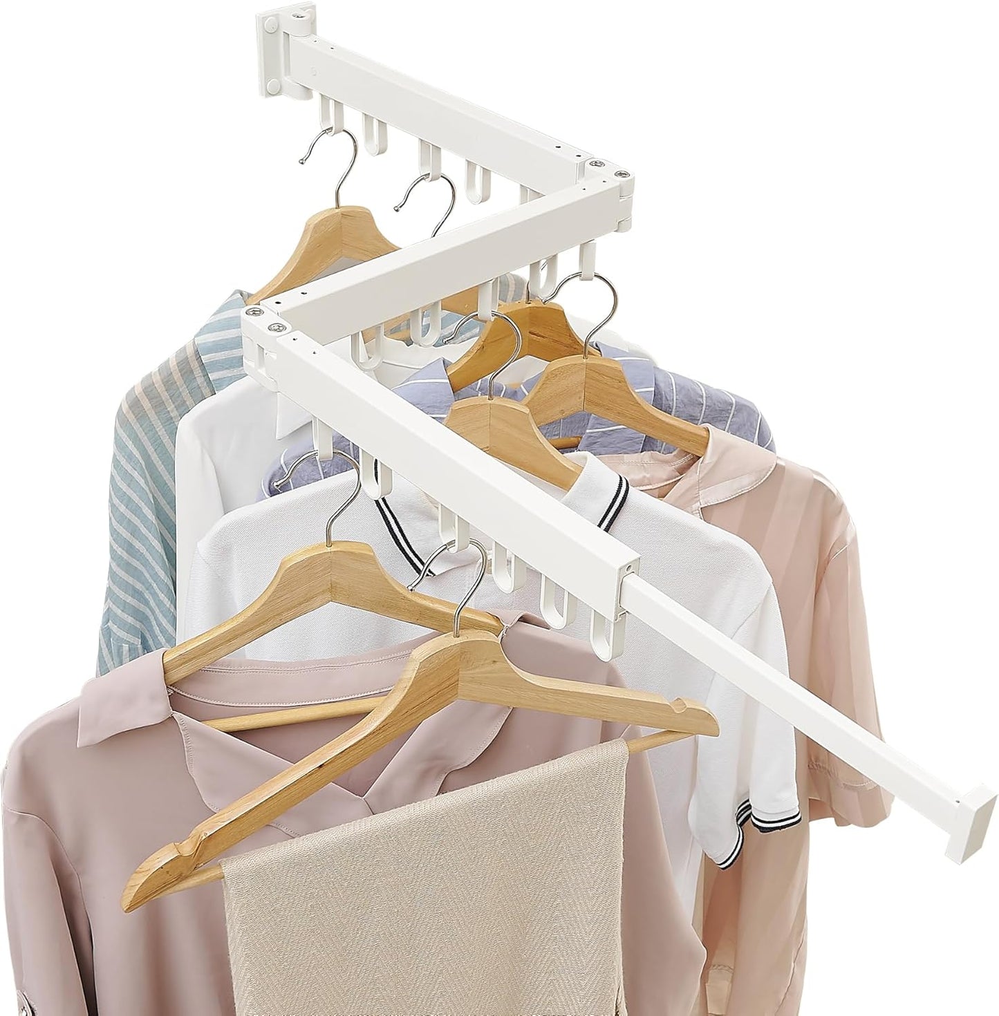 Clothes Drying Rack Wall Mounted, Laundry Drying Rack Collapsible, Space Saving Wall Drying Rack Clothing Foldable, Tri-Fold Retractable Rack Outdoor Indoor with 18 Hooks(White，Loop-Shape Hooks) - NestledHome