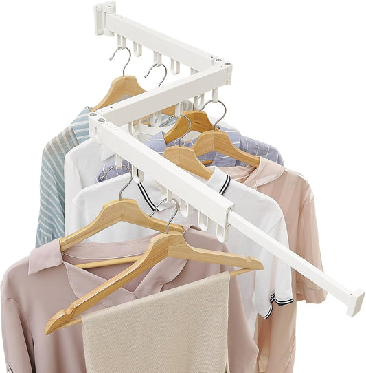 Clothes Drying Rack Wall Mounted, Laundry Drying Rack Collapsible, Space Saving Wall Drying Rack Clothing Foldable, Tri-Fold Retractable Rack Outdoor Indoor with 18 Hooks(White，Loop-Shape Hooks) - NestledHome