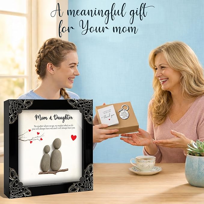 Mothers Day Mom Gifts from Daughters – 4.7" Pebble Art Frame Mothers Day Plaque, Engraved Mom Keychain, Card – Birthday Gift Set for Moms, Mother, Mama from Daughter Son, Best Mum Ever Keepsake S15-47