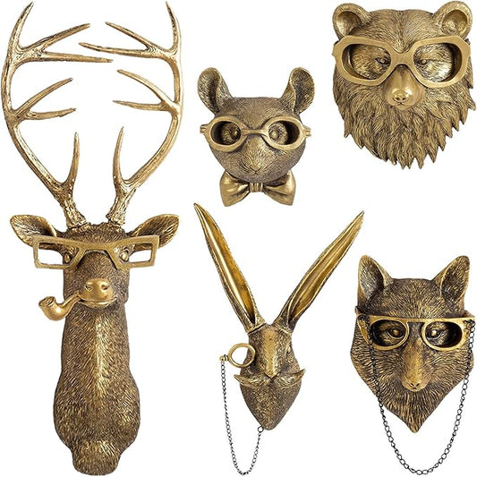 GUASDIE Animal Heads Wall Decor, Gold Faux Deer Head Mount, Animal Sculptures Wall Decor, Vintage Resin Hanging Decoration for Living Room Bedroom Kitchen Office Gift,5pcs