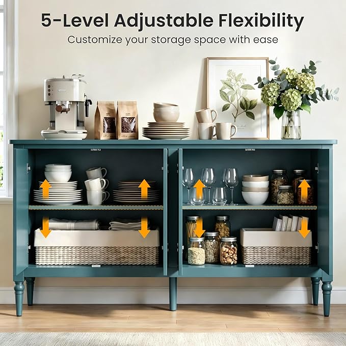 RoyalCraft 59" Buffet Cabinet with Storage, Vintage Sideboard with Adjustable Shelves & Carved Handle, Mid Century Modern Painted Credenza Coffee Bar for Kitchen, Dining Room, Turquoise Blue