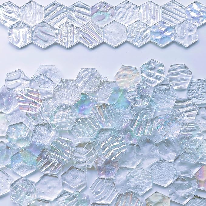 100 pcs Hexagon White Iridescence Stained Glass Pieces Mosaics Tiles for Crafts Bulk, Hand Precut Mosaic for Stained Glass Bee Honeycombs, Mosaic Kits for Adults