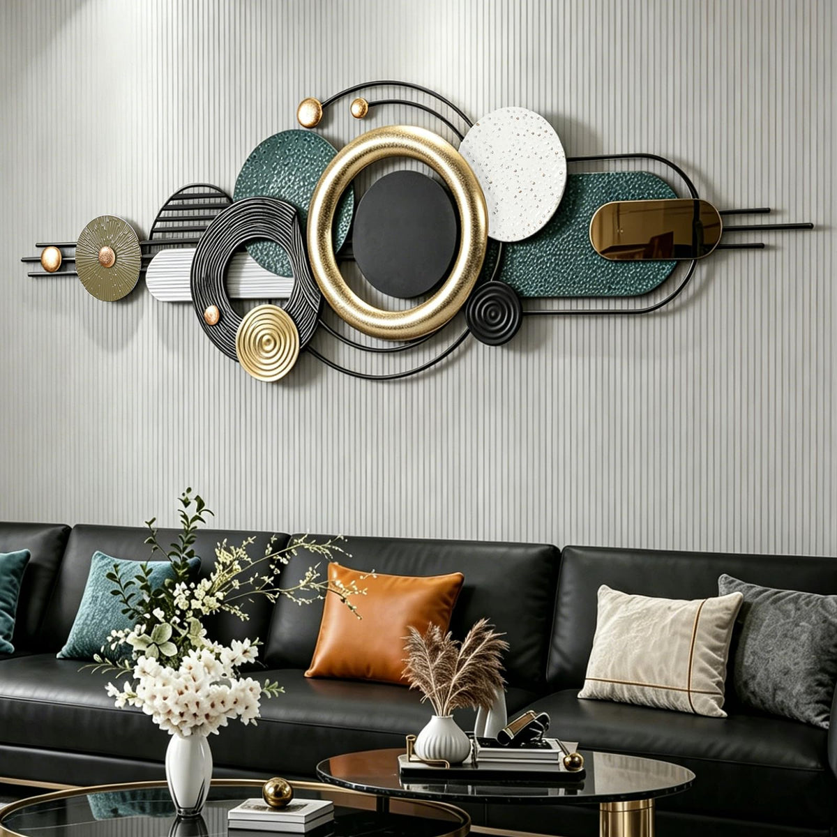 Wall Art Decor Large Metal Wall Art Modern Geometric Circular Decor 59"x21" Wall Sculptures Wall Hanging Decoration for Living Room Dinning Room Bedroom Entryway Kitchen