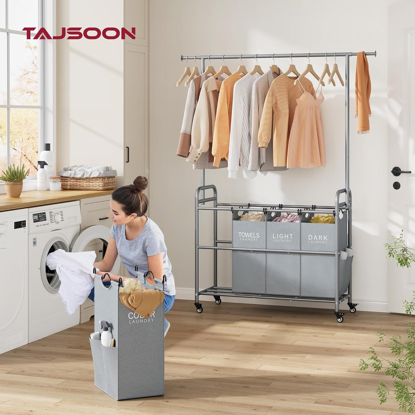 Tajsoon Laundry Sorter with Hanging Bar, 4 Section Rolling Laundry Hamper with Heavy Duty Lockable Wheels, Laundry Sorter Cart for Bathroom & Bedroom, Gray - NestledHome