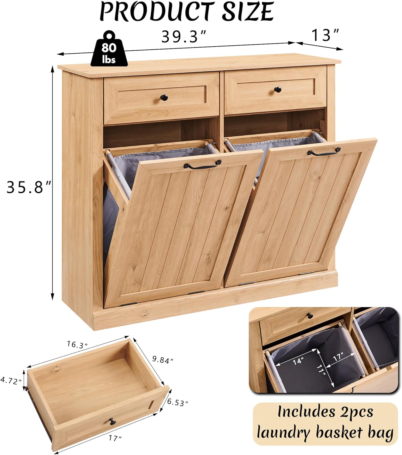 Double Tilt Out Laundry Hamper Cabinet, 20 Gallon Farmhouse Trash Can Cabinet with Drawer, Hidden Wood Garbage Can Bin Cabinets with Laundry Storage Basket for Bathroom, Kitchen (Natural) - NestledHome