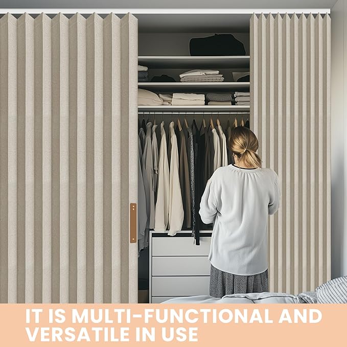 Accordion Partition Curtain with Ceiling Track - Space-Saving Room Divider, Tool-Free Installation(Off-White 100" W x 84" L-Pack of 1)