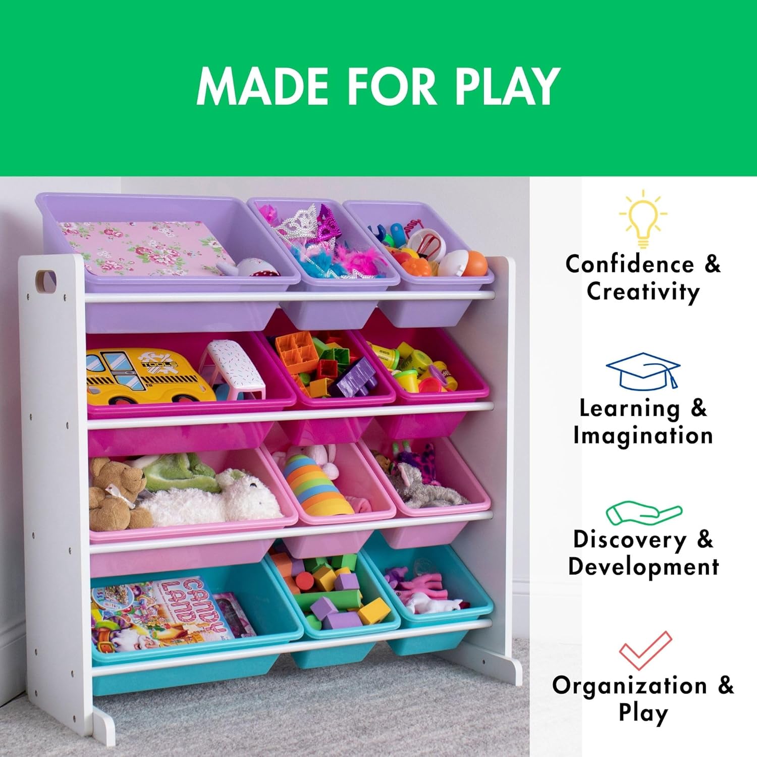 Humble Crew Kids Toy Storage Organizer with 12 Plastic Bins, White/Pink/Purple/Turquoise – Removable Bins for Playroom, Bedroom, Toddler Furniture for Boys and Girls Ages - NestledHome