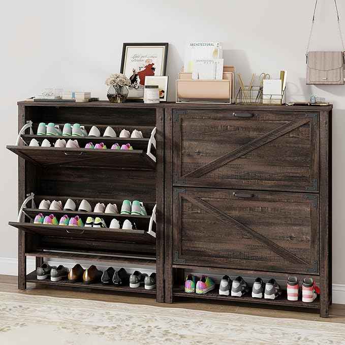 Vabches Shoe Storage Cabinet, Farmhouse Freestanding Organizer with 2 Flip Drawers, Wooden Hidden Narrow Slim Shoe Rack Cabinet for Entryway, Hallway, Foyer, Dark Oak