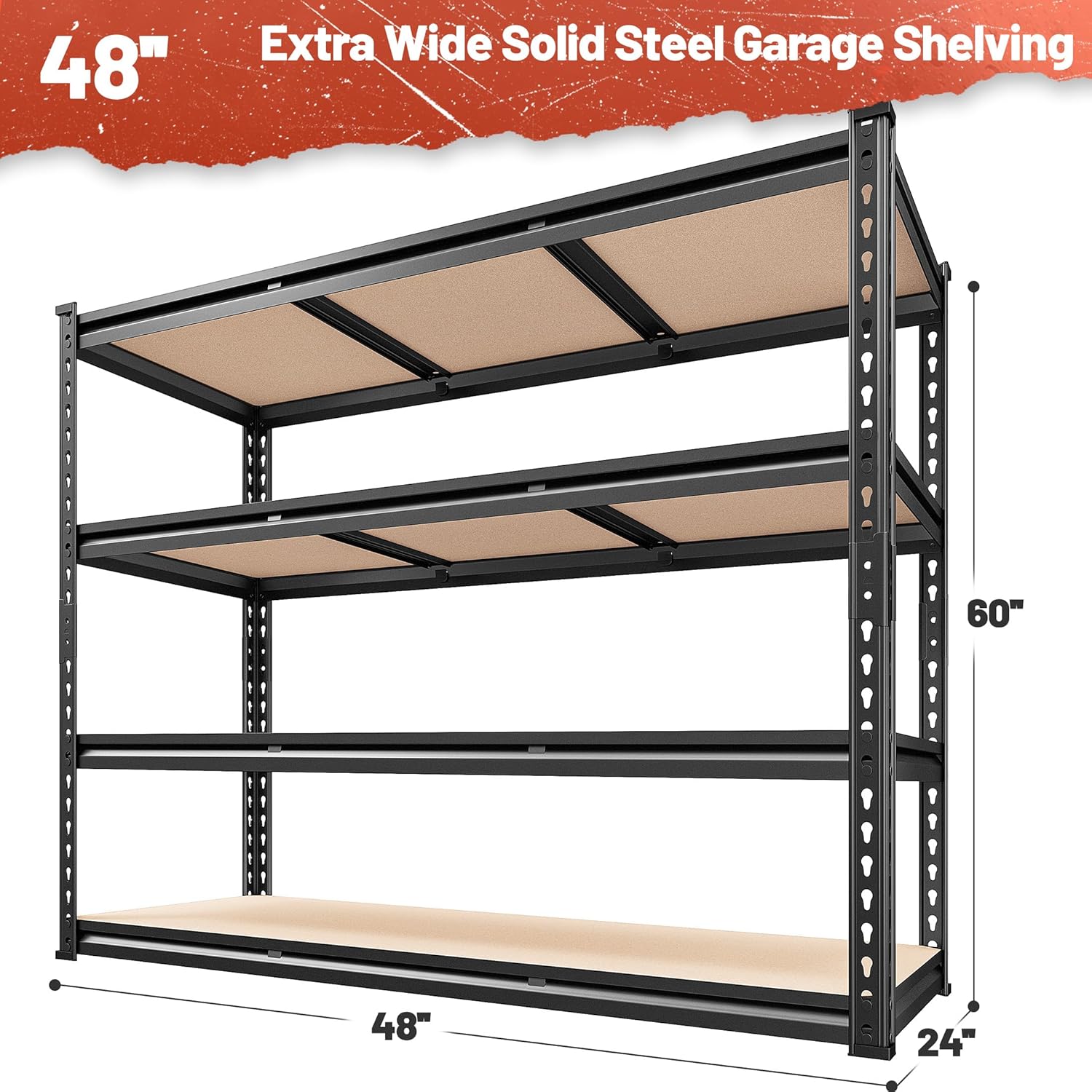REIBII 48" W Garage Shelving Heavy Duty 2550 LBS Storage Shelves 4 Tier Heavy Duty Shelving, Adjustable Metal Shelves, Industrial Shelf for Garage, Warehouse, Pantry, 48" W x 60" H x 24" D - NestledHome