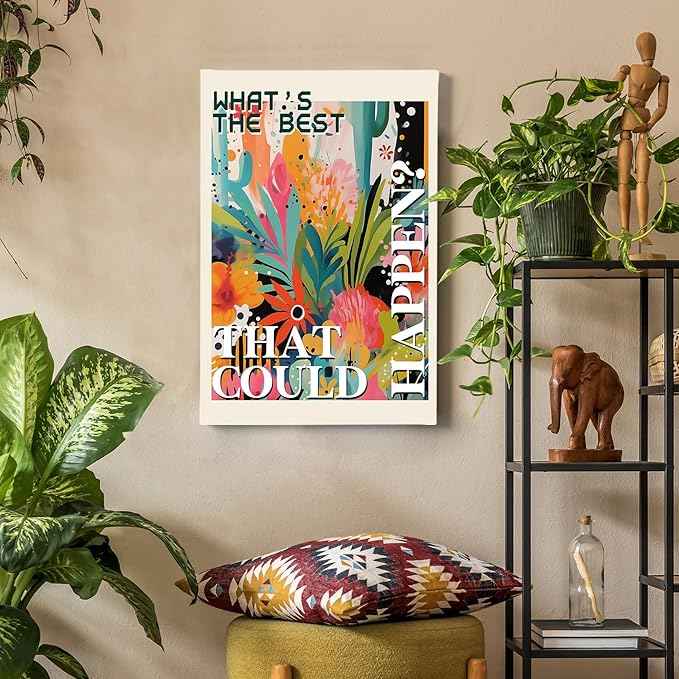 HIWX What's the Best That Could Happen Maximalist Floral Framed Canvas Painting Wall Art Decor, Funky Eclectic Botanical Inspirational Wall Art Home Decoration for Home Bedroom Room, 16x24