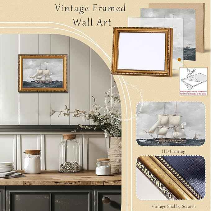 uniro Vintage Gold Framed Wall Art for Home Decor, Farmhouse Wall Decor Seascape Canvas Artwork, Antique Sailing Ship Wall Art Picture, Rustic Vintage Sailboat Art Prints Aesthetic Picture for Bedroom, Living Room, Desktop Decor- 11x14Inch