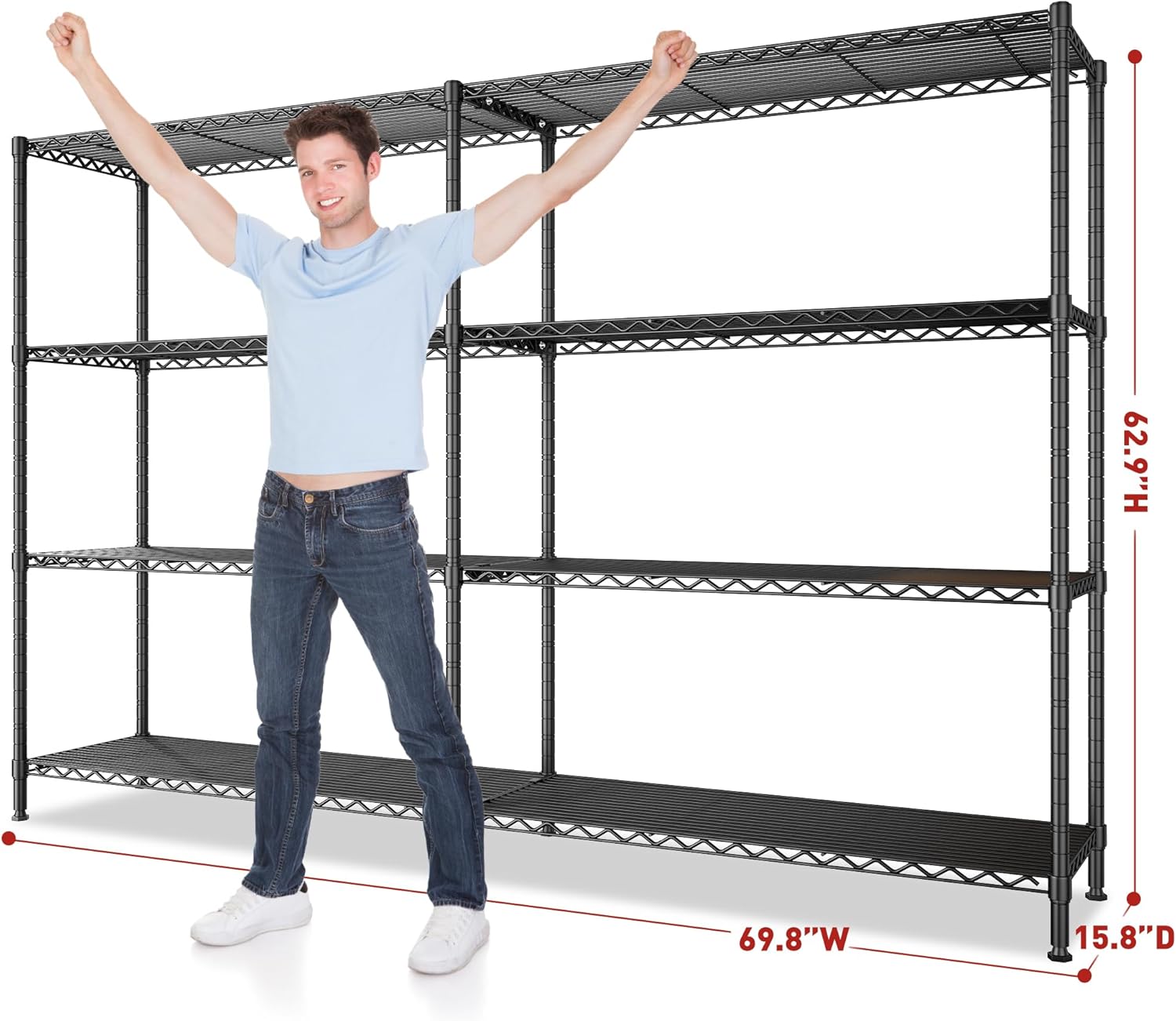 REIBII 69.8" W Storage Shelves 1250LBS Wire Shelving Unit 4 Tier Metal Shelving for Storage Rack Shelves Adjustable Heavy Duty Garage Shelf Pantry Shelves Kitchen Shelving, 69.8"Wx15.8"Dx62.9"H,Black - NestledHome