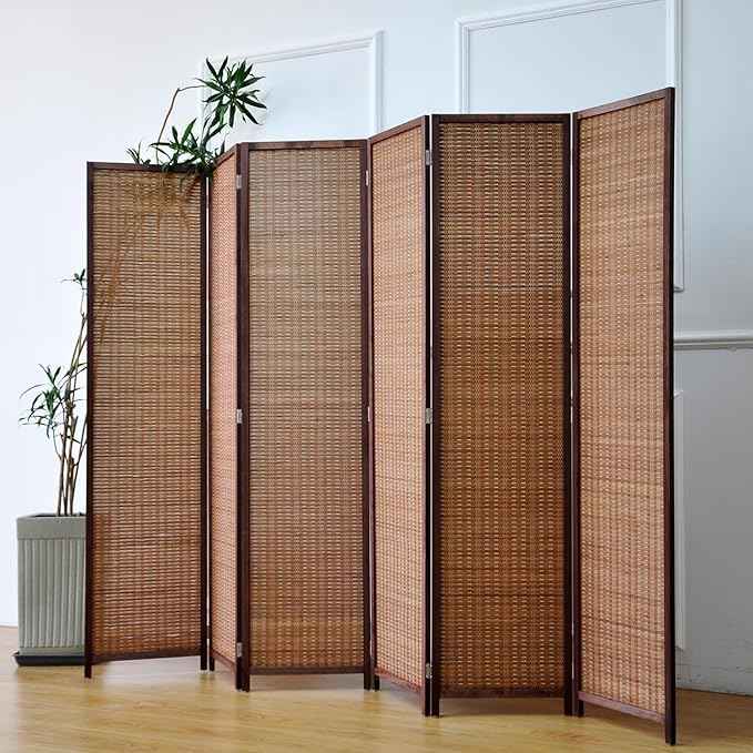 6 Panel Bamboo Room Divider – 5.6 ft Tall Folding Privacy Screen, Natural Brown Freestanding Partition Wall for Room Separation (67 x 92.1 inches)
