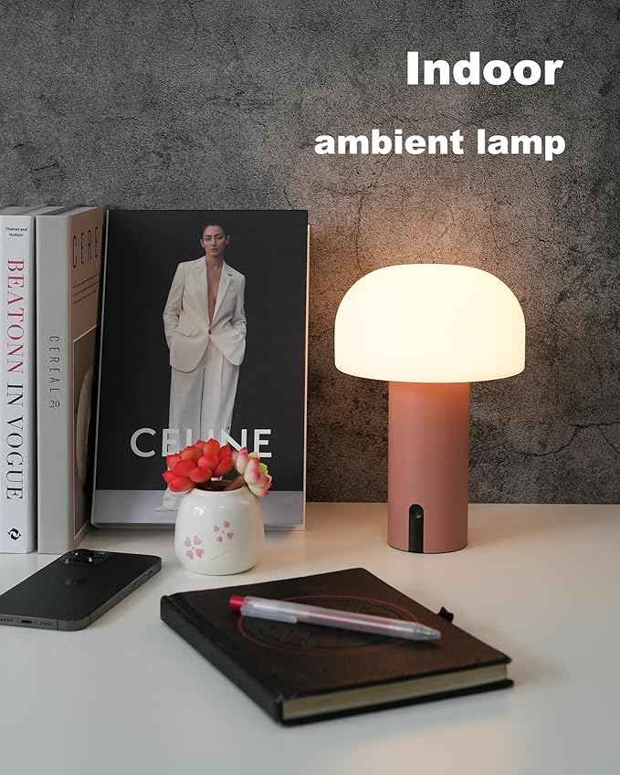 Cordless Mushroom Table Lamp, Waterproof Shower Lamp, Battery Operated Table Lamp Rechargeable, Touch Dimmable Night Light for Bedroom/Patio/Camping/Dinning/Outdoor (Pink)