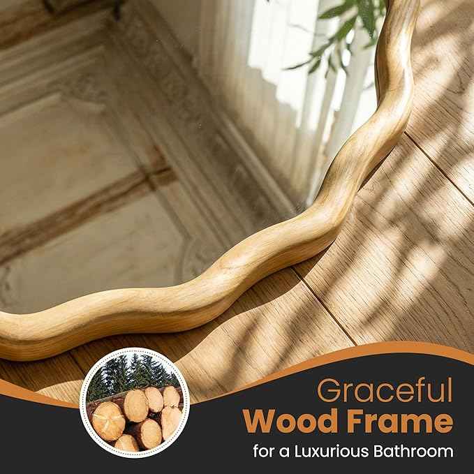 Round Wood Mirrors for Wall, 24" Boho Cirecle Wavy Mirror with Wooden Frame, Decorative Mirror with Tempered Glass, Natural Wooden Frame Vanity Mirror for Bedroom, Living Room, Entryway
