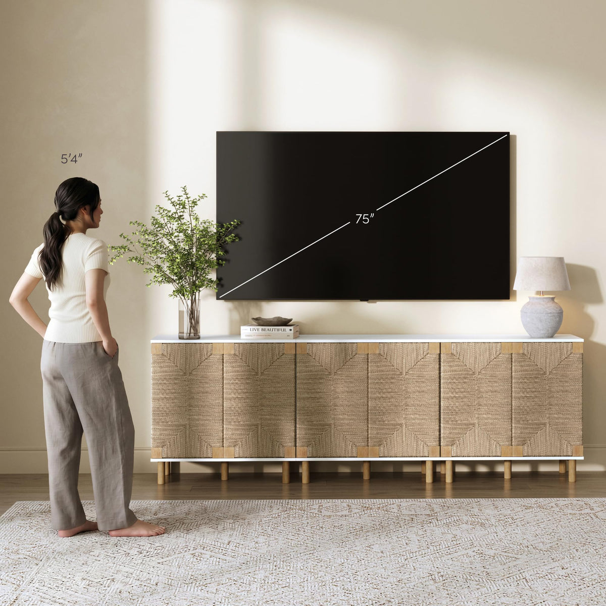 Beacon Accent Natural Sideboard Storage Cabinet TV Stand with Adjustable Interior Shelf and Seagrass Doors