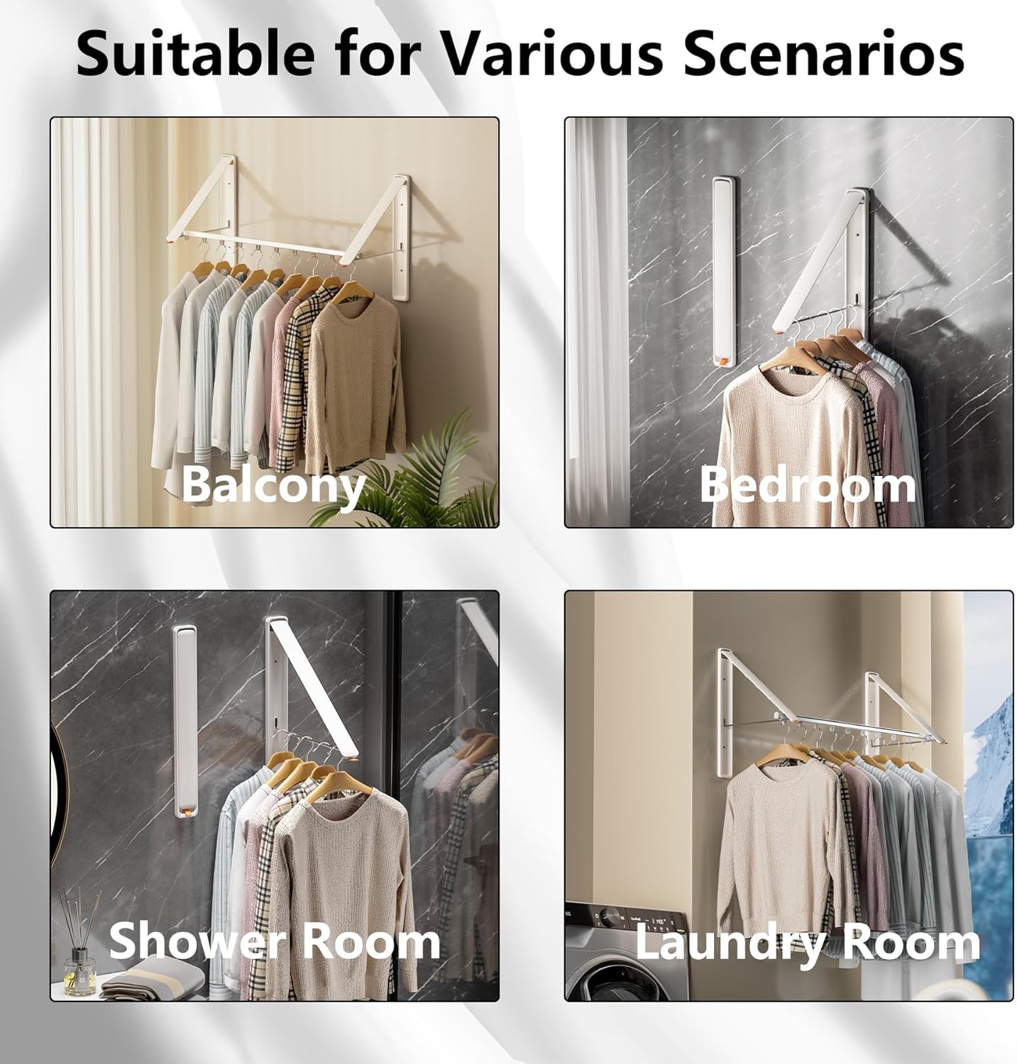 Dr.DJ Clothes Drying Rack with Rod, Wall-Mounted Retractable & Foldable Clothes Hanger for Laundry Room Organization and Storage, Metal Clothes Hanger Rack for Dorm, Closet, Balcony 2Rack,1Rod White - NestledHome