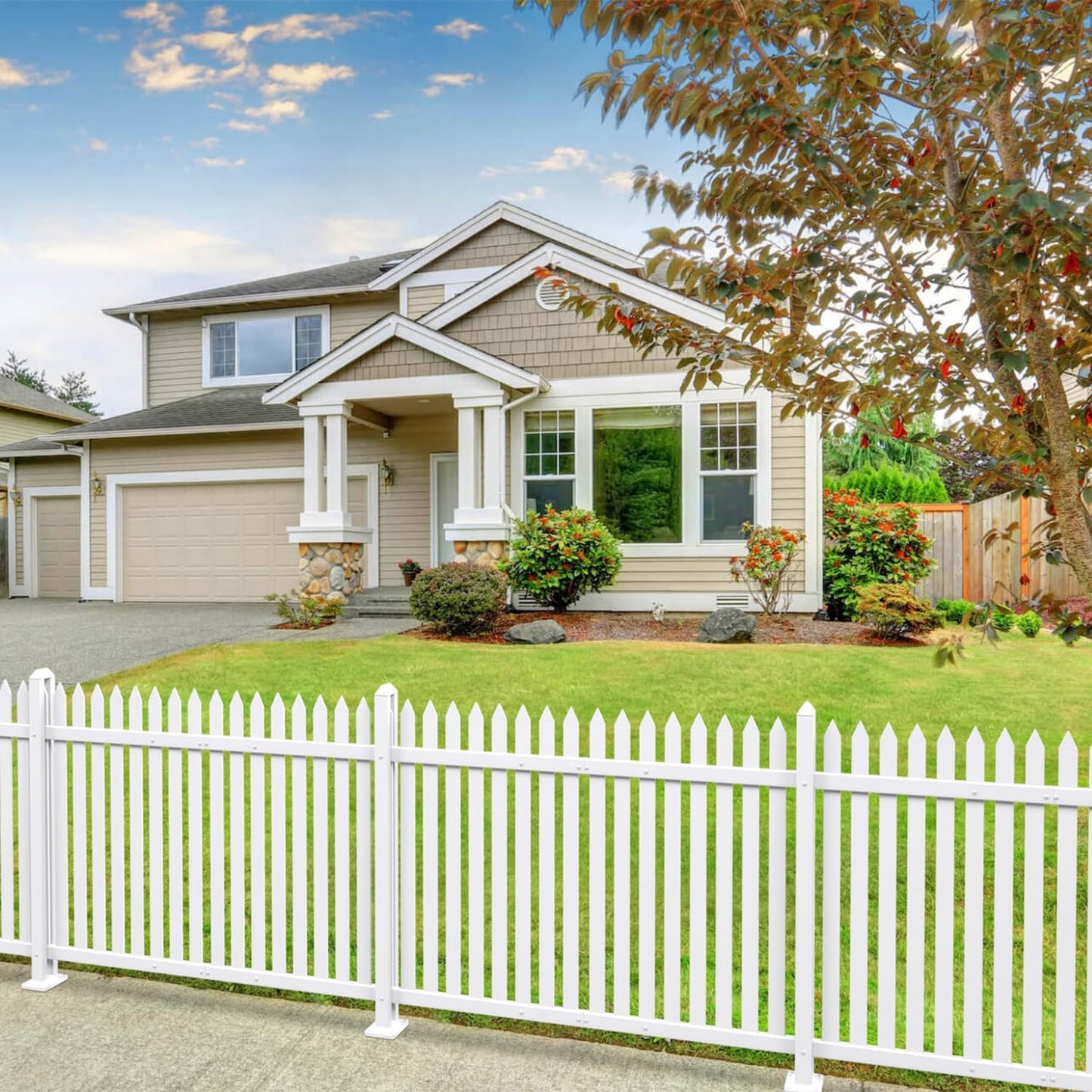 Patio 10 Sets Vinyl Picket Fence Panels 36" H x 84" W White PVC Decorative Fence for Front Yard Porch Patio Deck Pool Air Conditioner Fence Safety Dog Fence (34 Pickets, Straight)