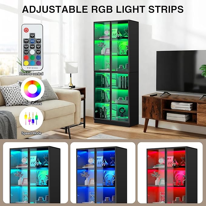Black Display Cabinet,78 Inch High Bookshelf, Multi-Color LED Ambient Lighting, 6-Story Large Storage Space, Transparent Tempered Glass Door, Suitable for Bedrooms, Living Rooms, Offices