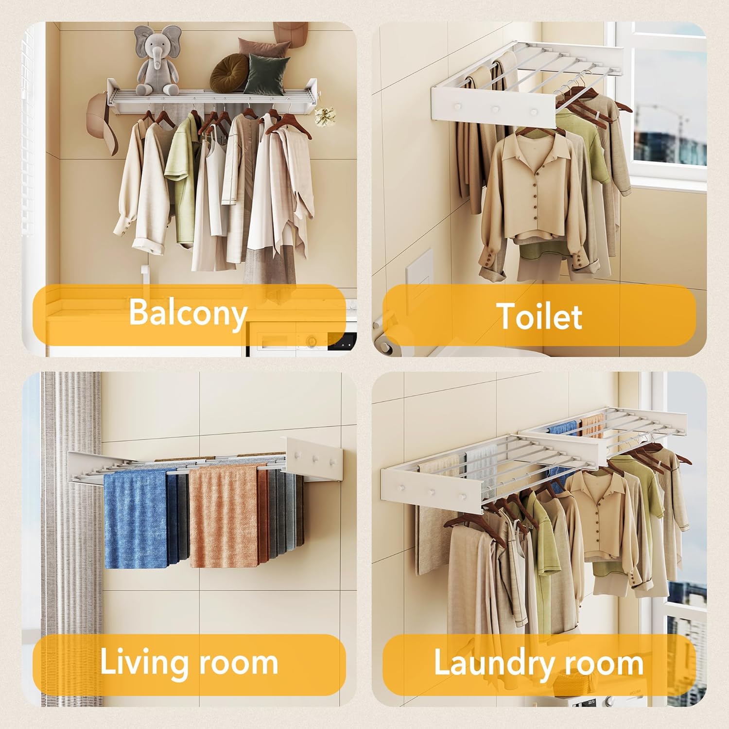 Upgrade Drying Rack Clothing,Clothes Drying Rack Wall Mounted,Laundry Drying Rack Wall Mount,Foldable,Collapsible,Retractable,6 Aluminium Poles,with Hooks,(White 35.5" - NestledHome