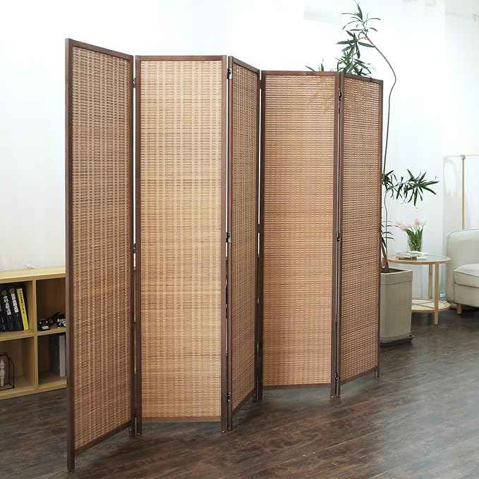 5 Panel Bamboo Room Divider and Folding Panel Screen,Bamboo Panel Divider for Room Separation,Brown,67" H x 76.75" W