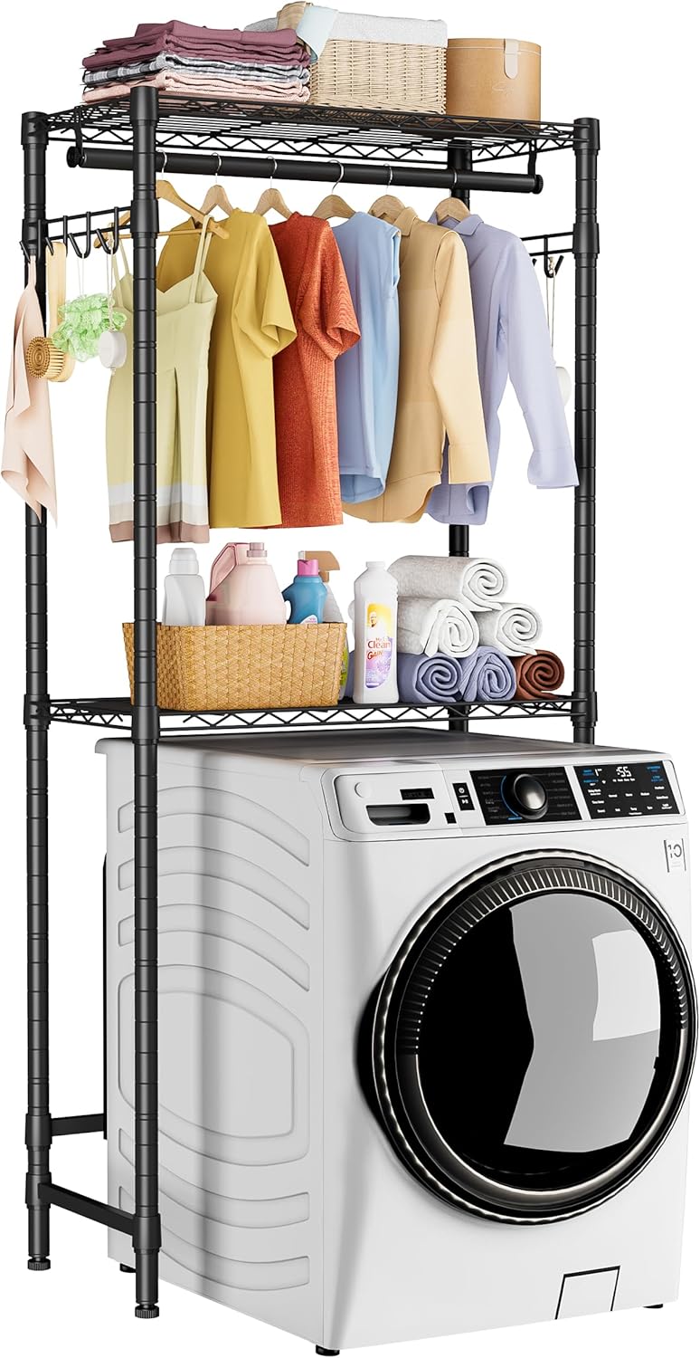 Over Washer and Dryer Shelves,2 Tier Adjustable Height Wire Shelving Laundry Room Storage Organization Clothes Drying Rack with Hanger Rod&Hooks,Space Saving Organizers Shelf,Black - NestledHome