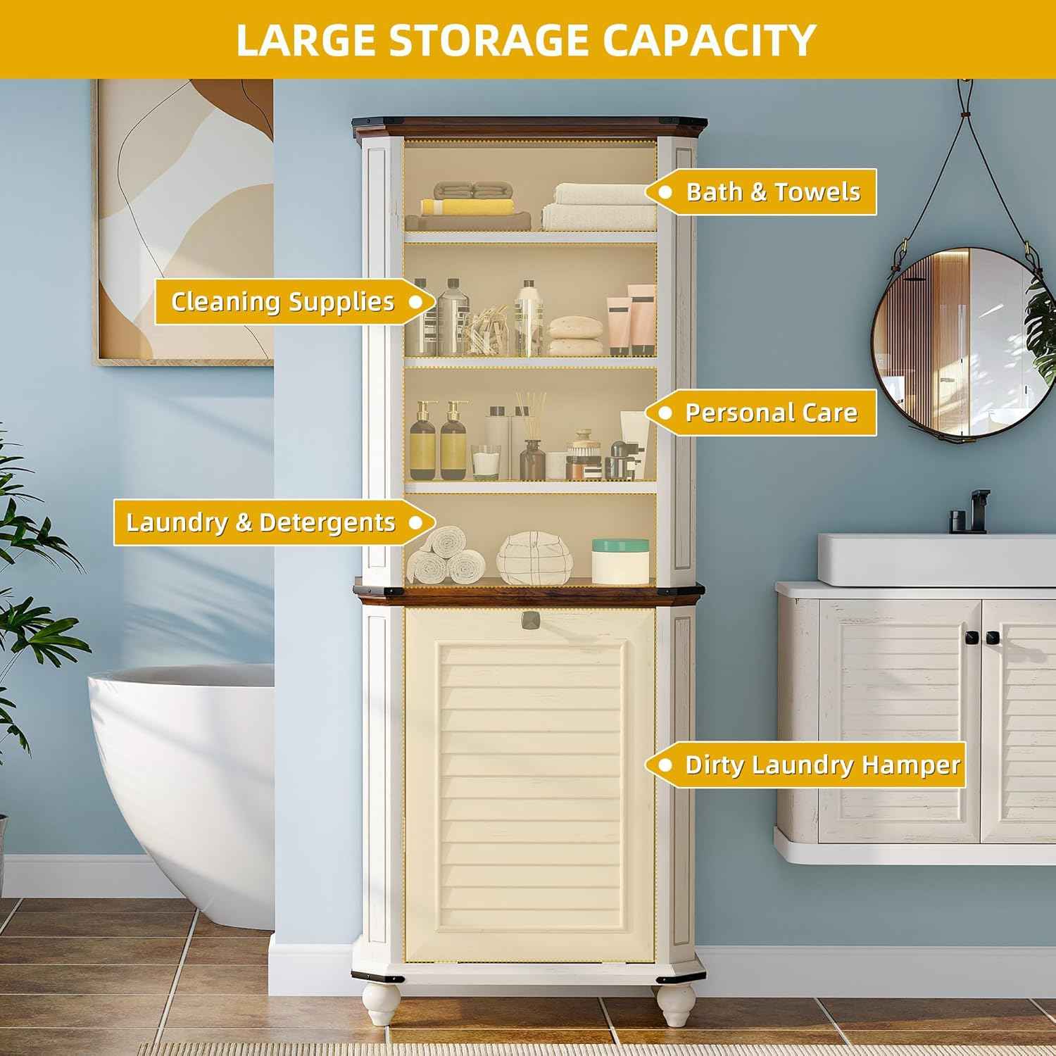 DWVO Tilt Out Laundry Hamper, Farmhouse 4-Tier Storage Cabinet with Removable Laundry Basket, Laundry Hamper Organizer with 2 Adjustable Shelves for Laundry Room, Bathroom, White - NestledHome