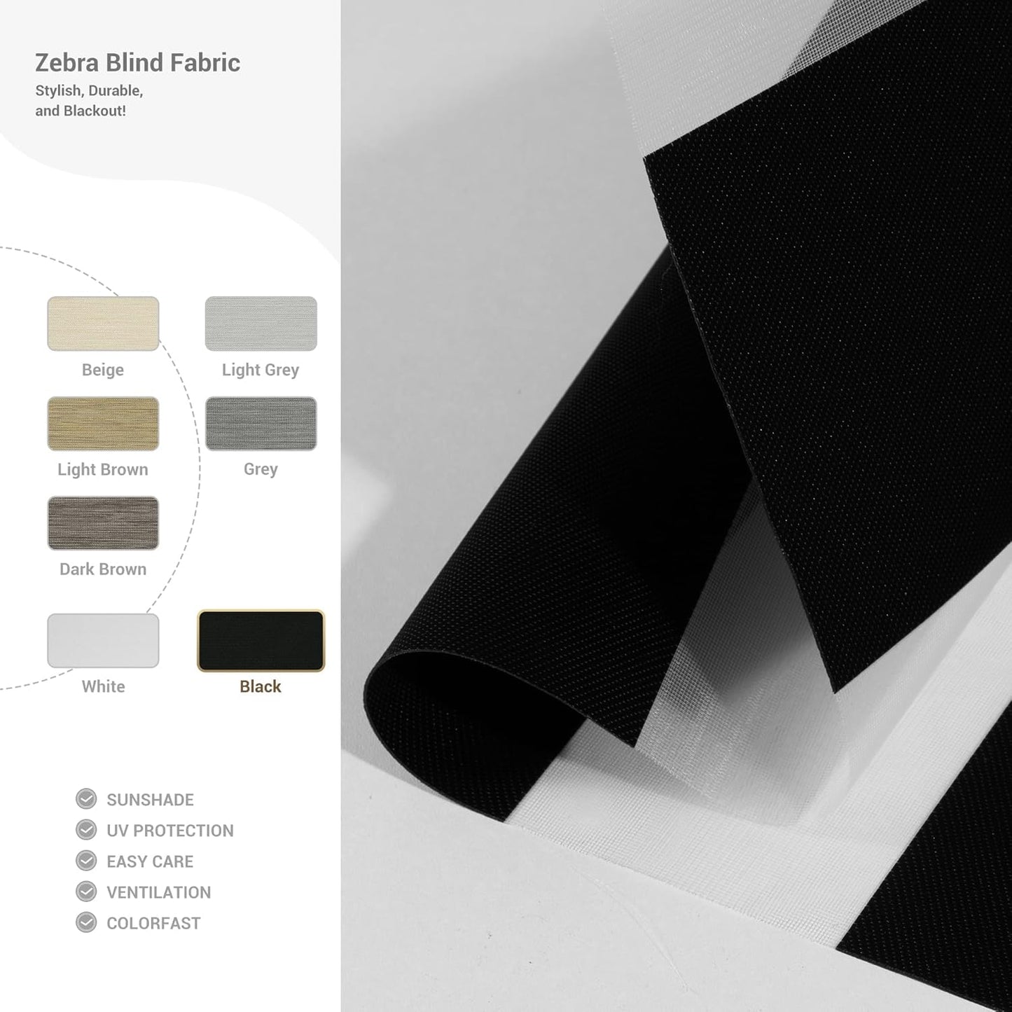 Cordless Zebra Blinds for Windows, Blackout Interior Blinds,Easy to Install,UV Protection,for Offices and Home,Custom Roller Shades, Solid Black, 75" W x 56" H