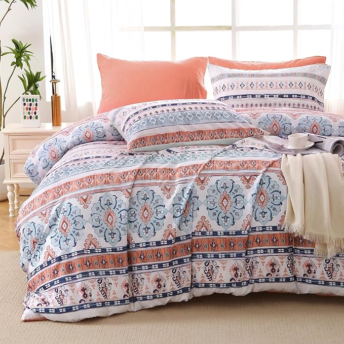 MUXHOMO Boho Pink Full Comforter Set, Elegant Floral Print Bed in a Bag 7 Pieces, Ultra Soft & Breathable Reversible Botanical Pattern Bedding Set with Comforter, Sheets, Pillowcases, and Shams