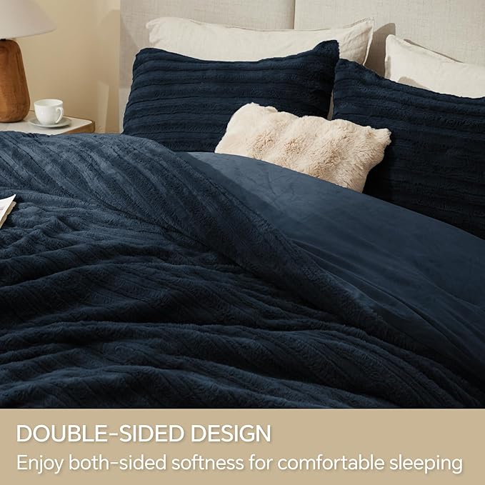 BEDELITE Fleece King Comforter Set -Super Soft & Warm Fluffy Navy Faux Fur Bedding, Luxury Fuzzy Heavy Bed Set for Winter with 2 Pillow Cases