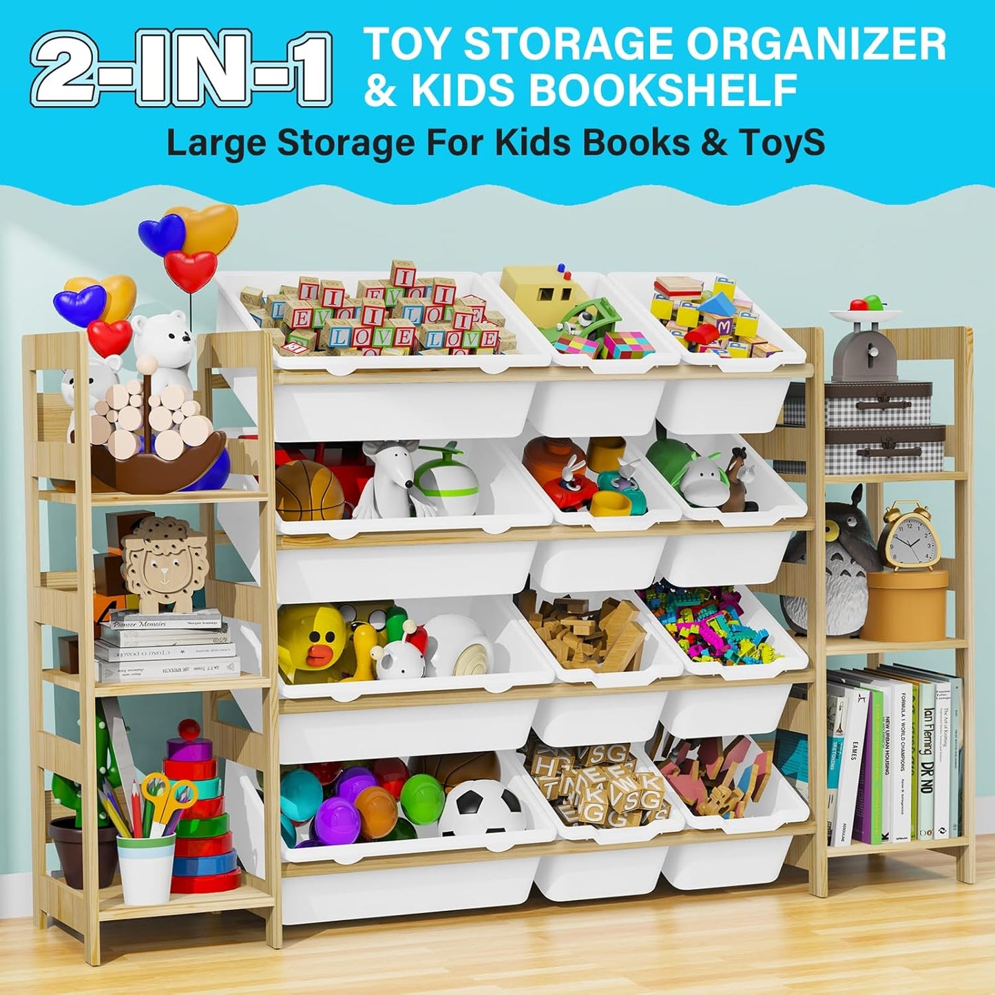 Toy Storage Organizer, with 4-Tier Toy Shelf and 12 Bins, Kids Bookshelf and Toy Storage with 6 Shelves for Kids Room Bedroom Playroom Nursery Room - NestledHome