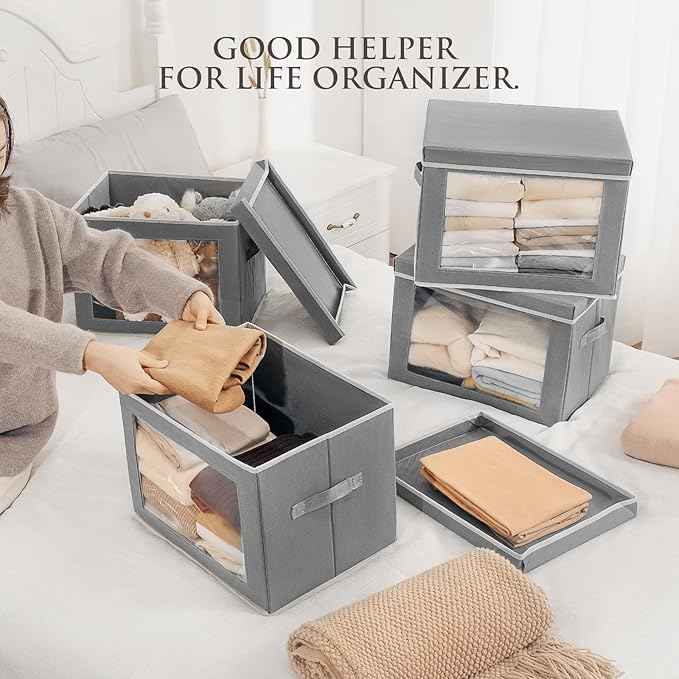 Large Storage Bins with Lids - Fabric Storage Cubes with Window, Collapsible Bins for Clothes, 15.7 Inch Large Baskets for Bedroom, Dorm, Office, Grey, 6 Pack