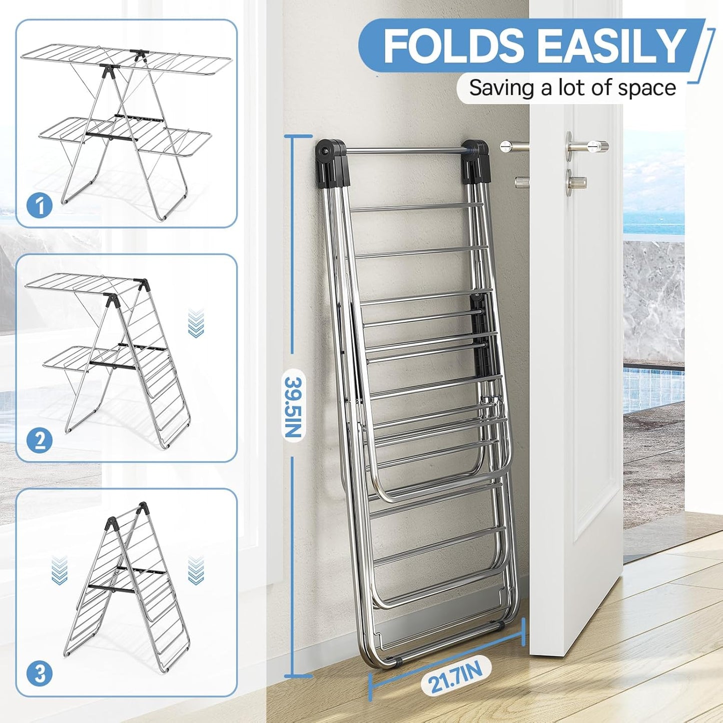 APEXCHASER Clothes Drying Rack with 4 Wings, Drying Rack Clothing with Height-Adjustable, Foldable Gullwings Laundry Drying Rack, Indoor Outdoor Use, No Assembly, Black - NestledHome