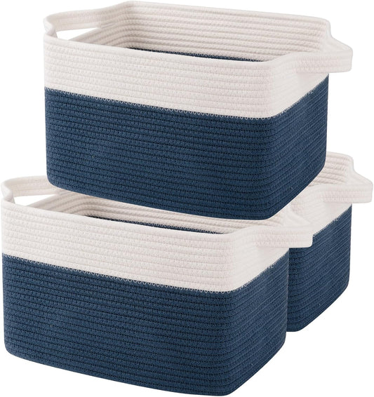 OIAHOMY Storage Baskets - Woven Cotton Rope Baskets for Shelves, Toy Towel Organizer Bins, Pack of 3, Blue & White